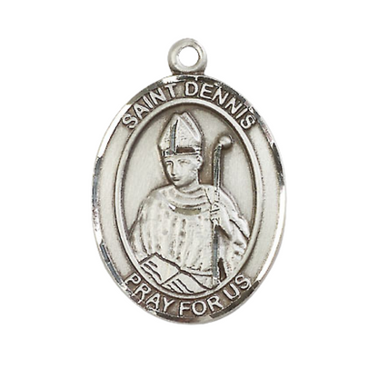 Women's Pewter Saint St. Dennis Medal Pendant Necklace with 18 Inch Rhodium Plated Lite Curb Brass Chain– Patron Saint St. of Headaches & Protection Against Frenzy Catholic Medal – Velvet Gift Box Included
