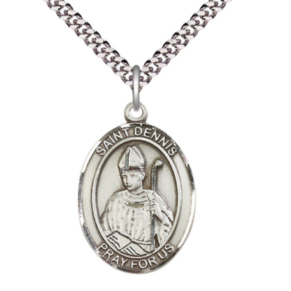 Mens 1 x 3/4" Oval Pewter Saint St. Dennis Medal Pendant on 24 Inch Rhodium Plated Heavy Curb Brass Chain with Lobster Claw clasp, Catholic Religious Necklace - Made in USA- Deluxe Velvet Gift Box