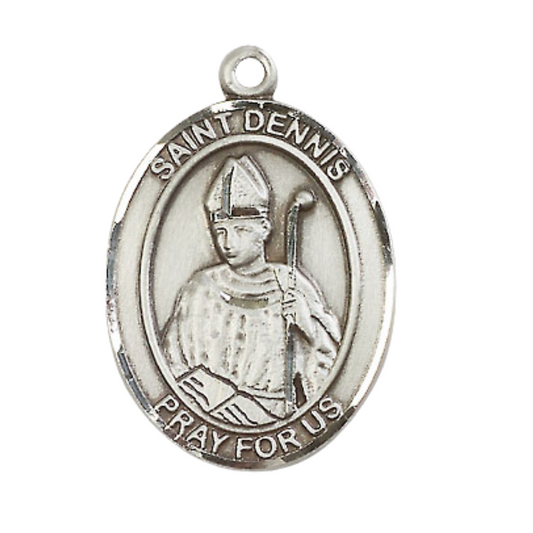 Mens Oval .925 Sterling Silver Saint St. Dennis Medal Pendant on 24 Inch Rhodium Plated Heavy Curb Brass Chain with Lobster Claw clasp, Catholic Religious Necklace - Made in USA- Velvet Gift Box