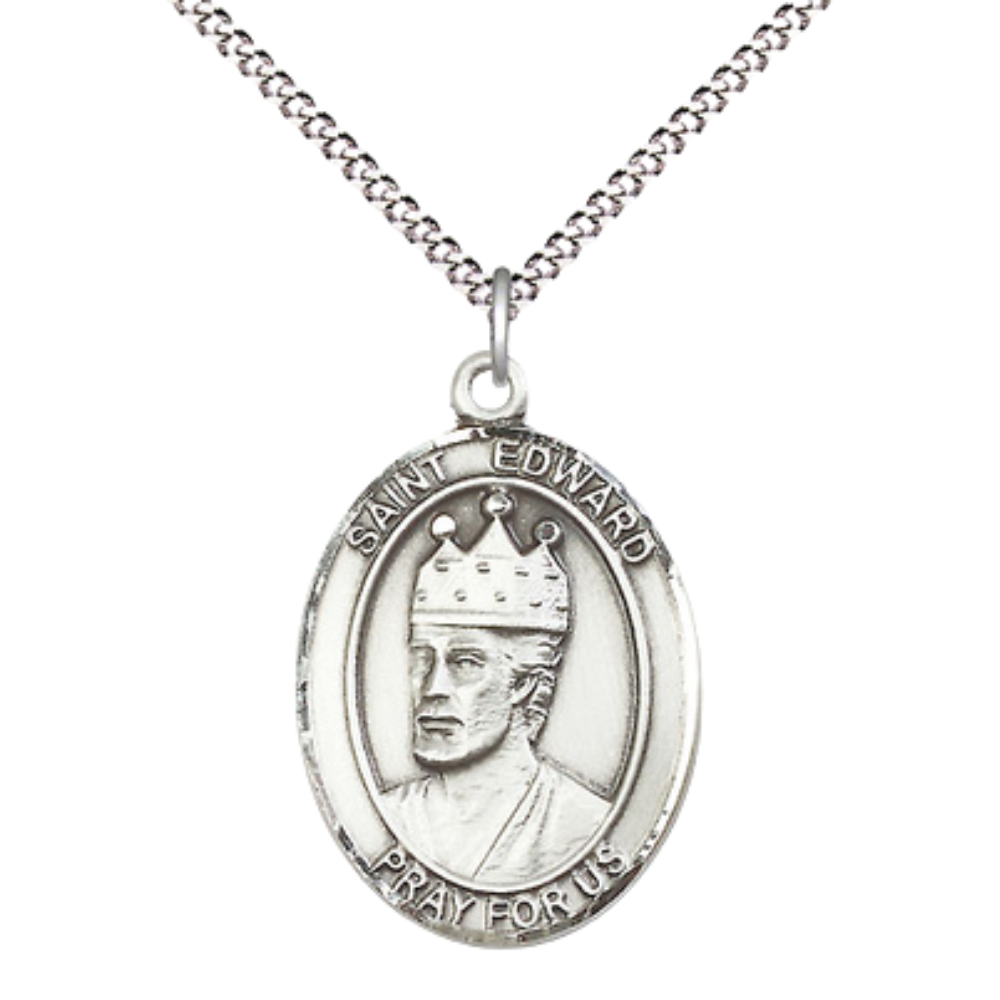 Everlasting Light Jewelry Women's Pewter Saint St. Edward the Confessor Medal Pendant Necklace with 18 Inch Rhodium Plated Lite Curb Brass Chain– Patron Saint St. of Difficult Marriages, Catholic Medal – Velvet Gift Box Included