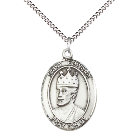 Women's .925 Sterling Silver Saint St. Edward the Confessor Medal Pendant on 18 Inch Rhodium Plated Lite Curb Brass Chain w/ Lobster Claw Clasp, Catholic Religious Necklace - Made in USA- Velvet Gift Box