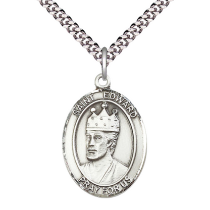 Saint St. Edward the Confessor Men's .925 Sterling Silver Medal Necklace– Patron Saint St. of Difficult Marriages – 24 Inch Light Rhodium Plated Heavy Curb Chain, Catholic Medal – Velvet Gift Box