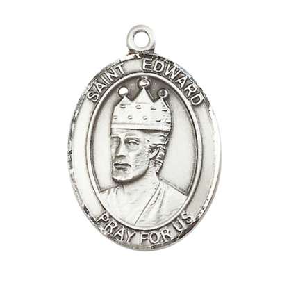 Saint St. Edward the Confessor Men's .925 Sterling Silver Medal Necklace– Patron Saint St. of Difficult Marriages – 24 Inch Light Rhodium Plated Heavy Curb Chain, Catholic Medal – Velvet Gift Box