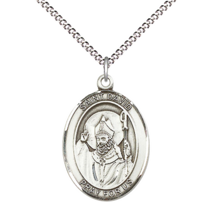 Women's .925 Sterling Silver Saint St. David of Wales Medal Pendant on 18 Inch Rhodium Plated Lite Curb Brass Chain w/ Lobster Claw Clasp, Catholic Religious Necklace - Made in USA- Deluxe Velvet Gift Box