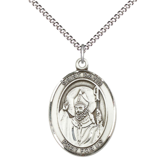Women's .925 Sterling Silver Saint St. David of Wales Medal Pendant on 18 Inch Rhodium Plated Lite Curb Brass Chain w/ Lobster Claw Clasp, Catholic Religious Necklace - Made in USA- Deluxe Velvet Gift Box