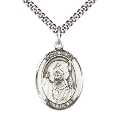 Mens 1 x 3/4" Oval Pewter Saint St. David of Wales Medal Pendant on 24 Inch Rhodium Plated Heavy Curb Brass Chain with Lobster Claw clasp, Catholic Religious Necklace - Made in USA- Velvet Gift Box