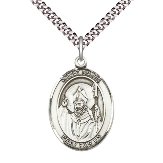 Saint David of Wales Men's Sterling Silver Medal Necklace– Patron Saint of Doves & Wales – 24” Light Rhodium Plated Heavy Curb Chain – Velvet Gift Box