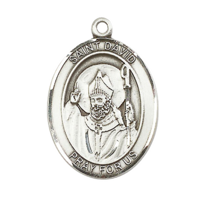 Mens 1 x 3/4" Oval Pewter Saint St. David of Wales Medal Pendant on 24 Inch Rhodium Plated Heavy Curb Brass Chain with Lobster Claw clasp, Catholic Religious Necklace - Made in USA- Velvet Gift Box