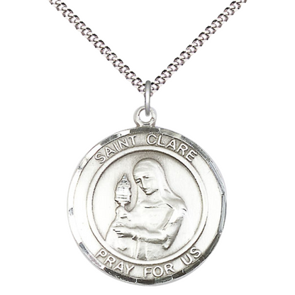 Everlasting Light Jewelry Women's Pewter Patron Saint St. Clare of Assisi Medal Pendant with 18 Inch Rhodium Plated Lite Curb Brass Chain Catholic Religious Necklace - Made in USA, Deluxe Velvet Gift Box