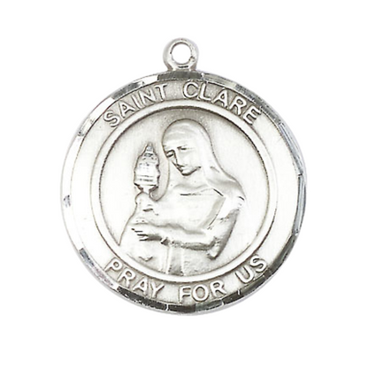 Everlasting Light Jewelry Women's Pewter Patron Saint St. Clare of Assisi Medal Pendant with 18 Inch Rhodium Plated Lite Curb Brass Chain Catholic Religious Necklace - Made in USA, Deluxe Velvet Gift Box
