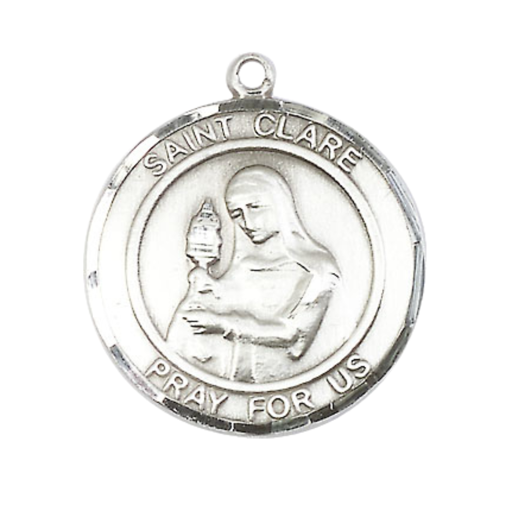 Women's .925 Sterling Silver Patron Saint St. Clare of Assisi Medal Pendant on 18 Inch Rhodium Plated Lite Curb Brass Chain Catholic Religious Necklace - Made in USA, Deluxe Velvet Gift Box