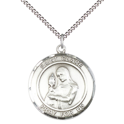 Women's .925 Sterling Silver Patron Saint St. Clare of Assisi Medal Pendant on 18 Inch Rhodium Plated Lite Curb Brass Chain Catholic Religious Necklace - Made in USA, Deluxe Velvet Gift Box