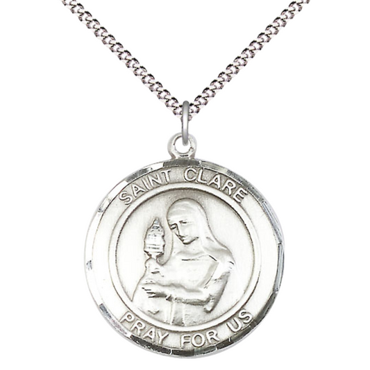 Women's .925 Sterling Silver Patron Saint St. Clare of Assisi Medal Pendant on 18 Inch Rhodium Plated Lite Curb Brass Chain Catholic Religious Necklace - Made in USA, Deluxe Velvet Gift Box