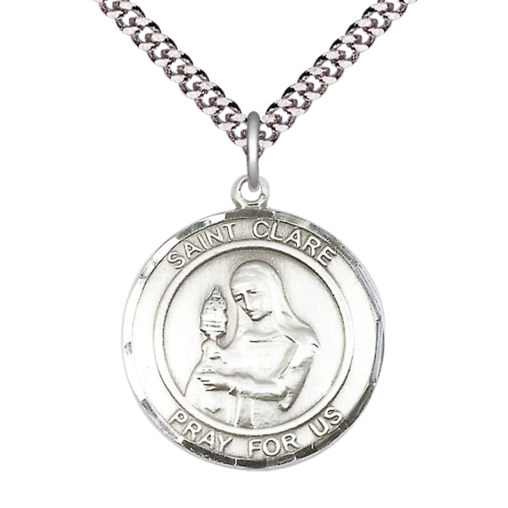 Mens Round Pewter Saint Clare of Assisi Medal Pendant on 24" Rhodium Plated Heavy Curb Brass Chain with Lobster Claw clasp, Catholic Religious Necklace -Made in USA- Deluxe Velvet Gift Box