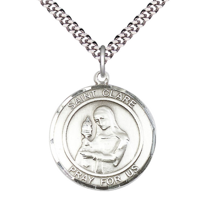 Mens Round Pewter Saint Clare of Assisi Medal Pendant on 24" Rhodium Plated Heavy Curb Brass Chain with Lobster Claw clasp, Catholic Religious Necklace -Made in USA- Deluxe Velvet Gift Box