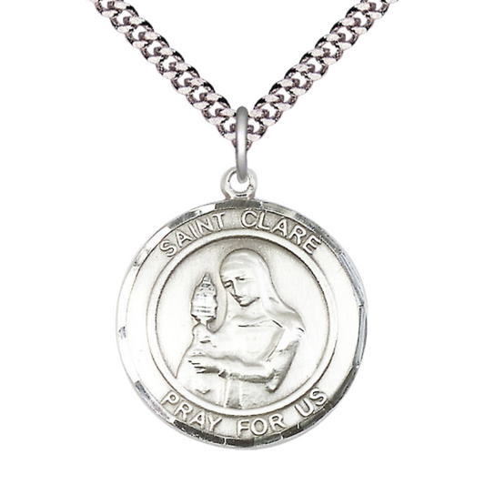 Mens Round Pewter Saint Clare of Assisi Medal Pendant on 24" Rhodium Plated Heavy Curb Brass Chain with Lobster Claw clasp, Catholic Religious Necklace -Made in USA- Deluxe Velvet Gift Box