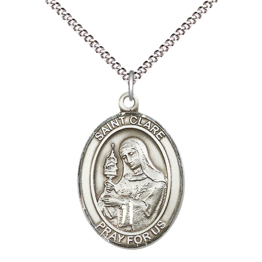 Women's .925 Sterling Silver Patron Saint St. Clare of Assisi Medal Pendant with 18 Inch Rhodium Plated Lite Curb Brass Chain Catholic Religious Necklace - Made in USA, Deluxe Velvet Gift Box