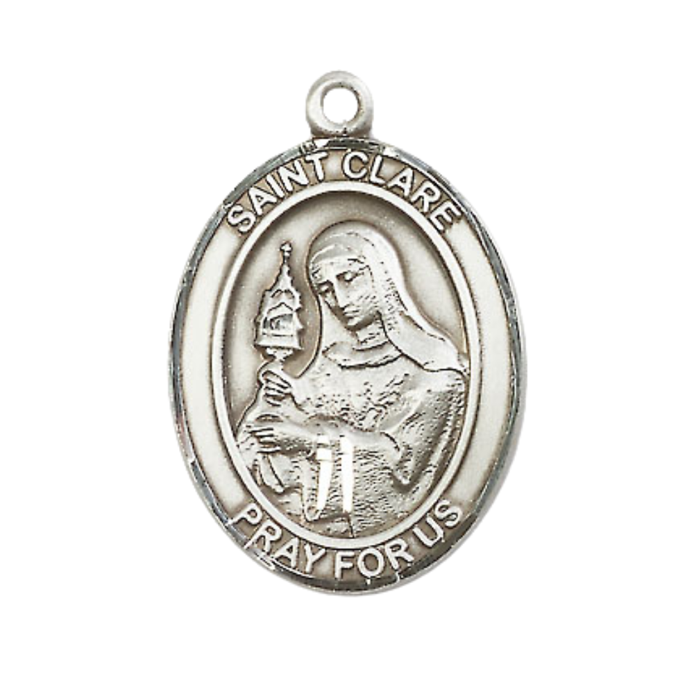 Everlasting Light Jewelry Women's Pewter Saint St. Clare of Assisi Medal Pendant Necklace with 18 Inch Rhodium Plated Lite Curb Brass Chain– Patron Saint St. of Eyes & Television, Catholic Medal – Velvet Gift Box Included