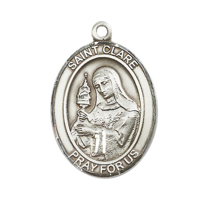Everlasting Light Jewelry Women's Pewter Saint St. Clare of Assisi Medal Pendant Necklace with 18 Inch Rhodium Plated Lite Curb Brass Chain– Patron Saint St. of Eyes & Television, Catholic Medal – Velvet Gift Box Included