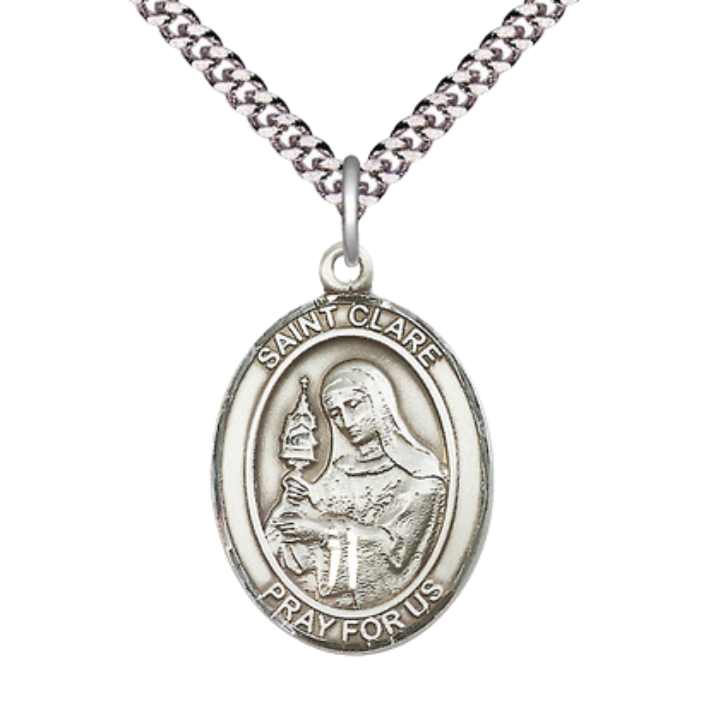 Saint Clare of Assisi Men's Pewter Medal Necklace– Patron Saint of Eyes & Television – 24” Light Rhodium Plated Heavy Curb Chain – Velvet Gift Box