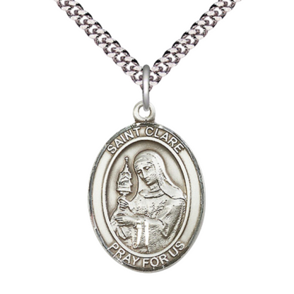 Saint Clare of Assisi Men's Pewter Medal Necklace– Patron Saint of Eyes & Television – 24” Light Rhodium Plated Heavy Curb Chain – Velvet Gift Box