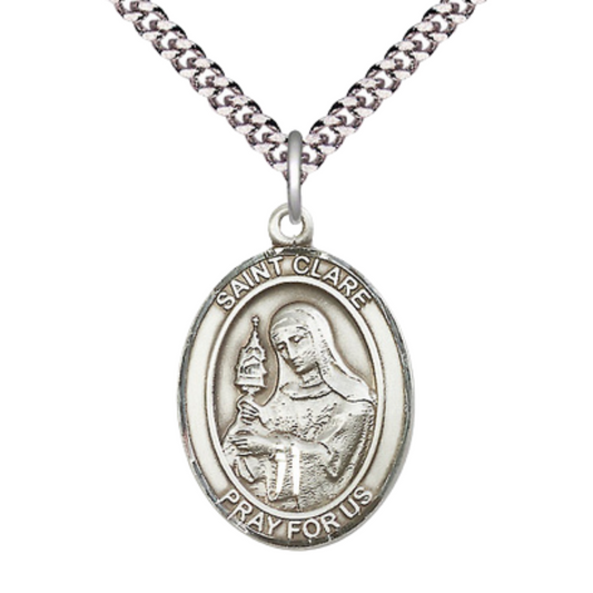 Saint St. Clare of Assisi Men's .925 Sterling Silver Medal Necklace– Patron Saint St. of Eyes & Television – 24 Inch Light Rhodium Plated Heavy Curb Chain, Catholic Medal – Velvet Gift Box