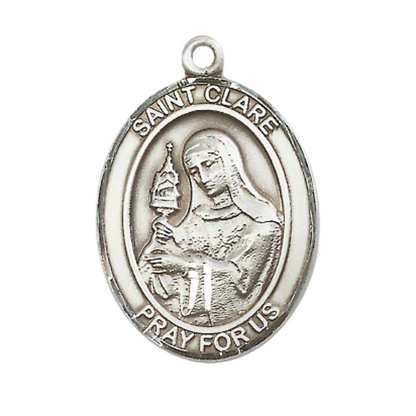 Saint Clare of Assisi Men's Pewter Medal Necklace– Patron Saint of Eyes & Television – 24” Light Rhodium Plated Heavy Curb Chain – Velvet Gift Box