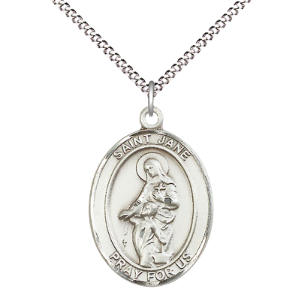 Women's .925 Sterling Silver Saint St. Jane of Valois Medal Pendant on 18 Inch Rhodium Plated Lite Curb Brass Chain w/ Lobster Claw Clasp, Catholic Religious Necklace - Made in USA- Deluxe Velvet Gift Box