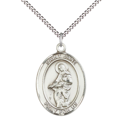 Women's .925 Sterling Silver Saint St. Jane of Valois Medal Pendant on 18 Inch Rhodium Plated Lite Curb Brass Chain w/ Lobster Claw Clasp, Catholic Religious Necklace - Made in USA- Deluxe Velvet Gift Box
