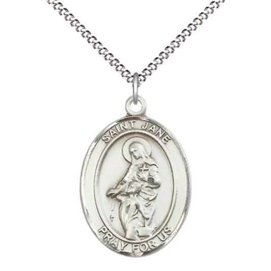 Women's .925 Sterling Silver Saint St. Jane of Valois Medal Pendant on 18 Inch Rhodium Plated Lite Curb Brass Chain w/ Lobster Claw Clasp, Catholic Religious Necklace - Made in USA- Deluxe Velvet Gift Box