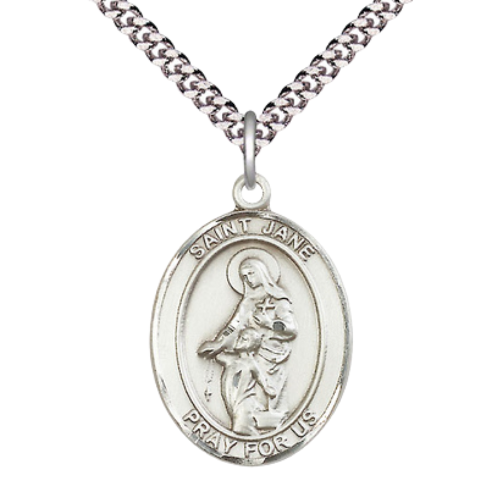 Mens 1 x 3/4" Oval Pewter Saint Jane of Valois Medal Pendant on 24" Rhodium Plated Heavy Curb Brass Chain with Lobster Claw clasp, Catholic Religious Necklace -Made in USA- Velvet Gift Box