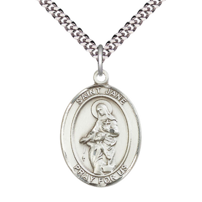 Mens 1 x 3/4" Oval Pewter Saint Jane of Valois Medal Pendant on 24" Rhodium Plated Heavy Curb Brass Chain with Lobster Claw clasp, Catholic Religious Necklace -Made in USA- Velvet Gift Box