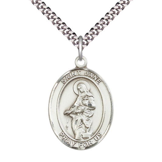Saint St. Jane of Valois Men's Medal Necklace – 24 Inch Endless Light Rhodium Plated Heavy Curb Chain – Patron Saint St. of Loss of Parents & Widows – Elegant Catholic Religious Keepsake in Velvet Gift Box