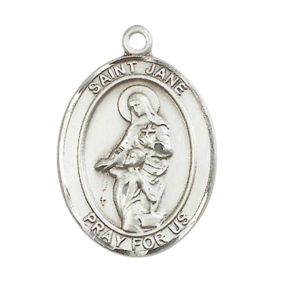 Mens 1 x 3/4" Oval Pewter Saint Jane of Valois Medal Pendant on 24" Rhodium Plated Heavy Curb Brass Chain with Lobster Claw clasp, Catholic Religious Necklace -Made in USA- Velvet Gift Box