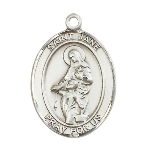 Mens .925 Sterling Silver Saint St. Jane of Valois Medal Pendant on 24 Inch Rhodium Plated Heavy Curb Brass Chain with Lobster Claw clasp, Catholic Religious Necklace - Made in USA- Velvet Gift Box