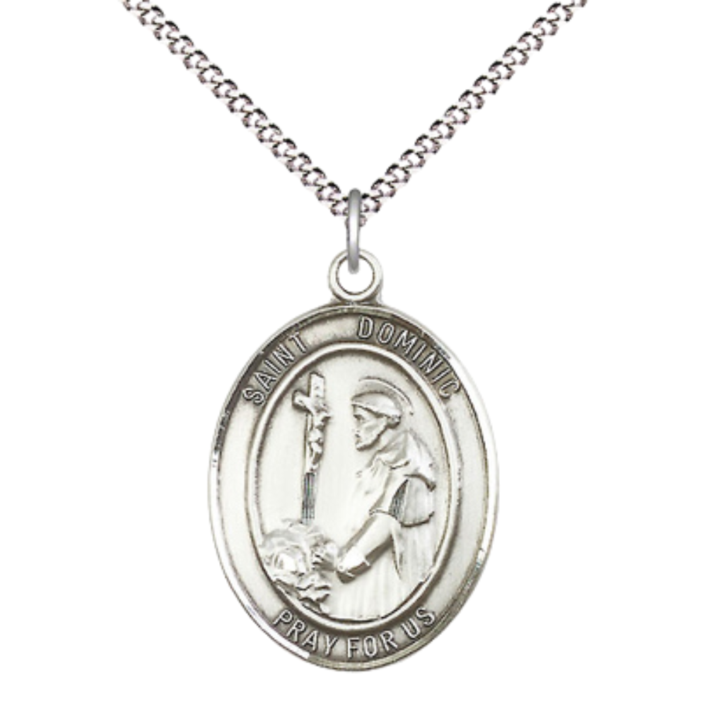 Women's .925 Sterling Silver Saint St. Dominic de Guzman Medal Pendant on 18 Inch Rhodium Plated Lite Curb Brass Chain w/ Lobster Claw Clasp, Catholic Religious Necklace - Made in USA- Deluxe Velvet Gift Box