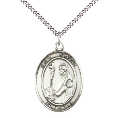 Women's .925 Sterling Silver Saint St. Dominic de Guzman Medal Pendant on 18 Inch Rhodium Plated Lite Curb Brass Chain w/ Lobster Claw Clasp, Catholic Religious Necklace - Made in USA- Deluxe Velvet Gift Box
