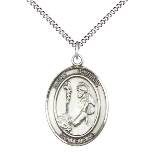 Women's Pewter Saint St. Dominic de Guzman Medal Pendant Necklace with 18 Inch Rhodium Plated Lite Curb Brass Chain– Patron Saint St. of Astronomers & the Falsely Accused, Catholic Medal – Velvet Gift Box Included