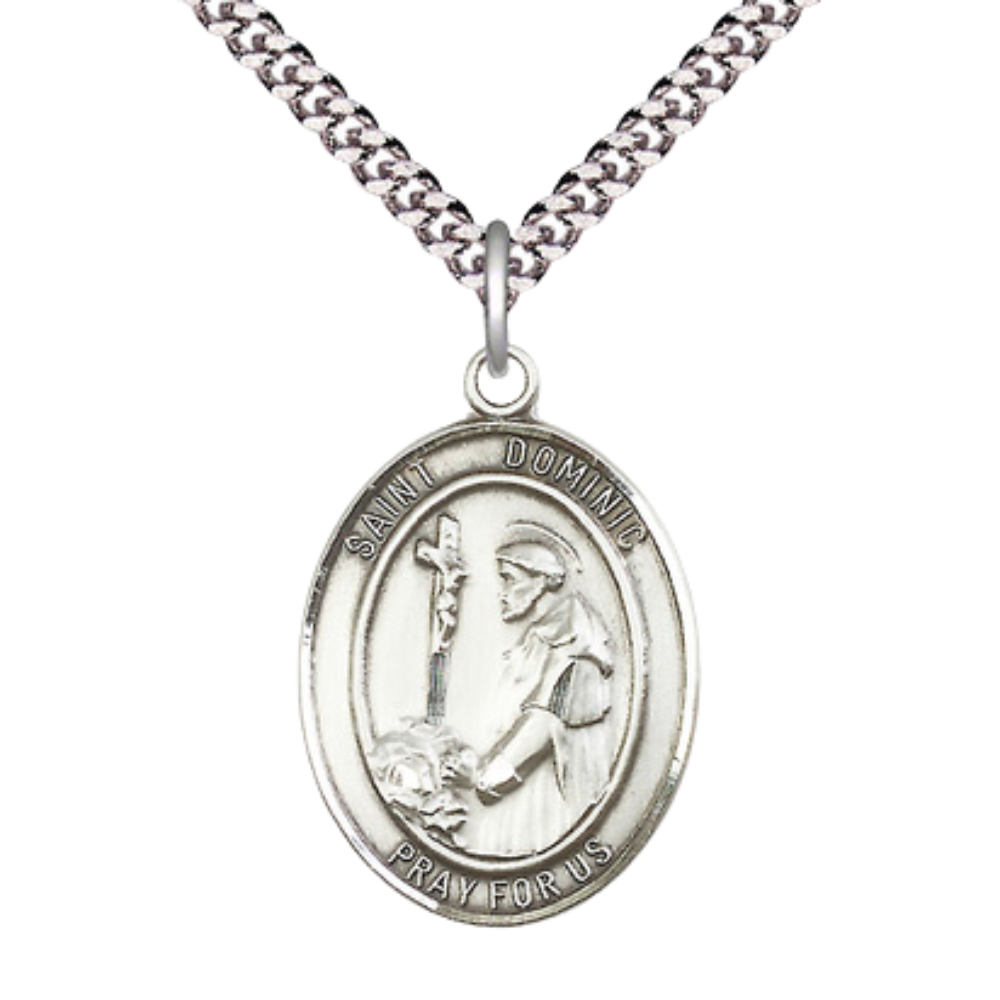 Mens Oval Pewter Saint St. Dominic de Guzman Medal Pendant on 24 Inch Rhodium Plated Heavy Curb Brass Chain with Lobster Claw clasp, Catholic Religious Necklace - Made in USA- Deluxe Velvet Gift Box