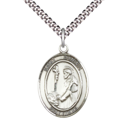 Mens Oval Pewter Saint St. Dominic de Guzman Medal Pendant on 24 Inch Rhodium Plated Heavy Curb Brass Chain with Lobster Claw clasp, Catholic Religious Necklace - Made in USA- Deluxe Velvet Gift Box
