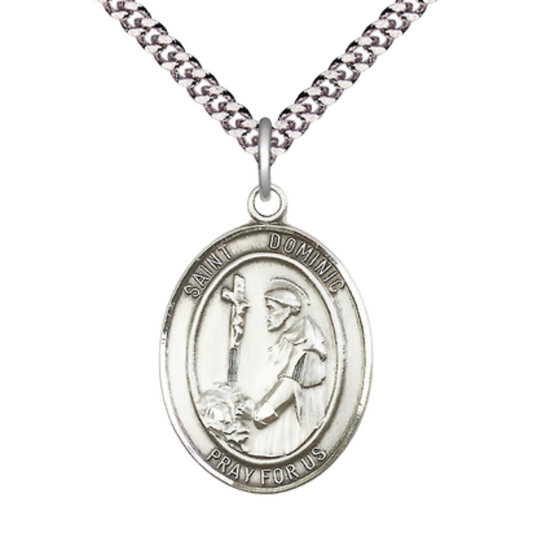 Saint St. Dominic de Guzman Men's .925 Sterling Silver Medal Necklace– Patron Saint St. of Astronomy – 24 Inch Light Rhodium Plated Heavy Curb Chain, Catholic Medal – Velvet Gift Box