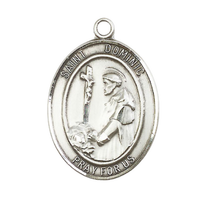 Mens Oval Pewter Saint St. Dominic de Guzman Medal Pendant on 24 Inch Rhodium Plated Heavy Curb Brass Chain with Lobster Claw clasp, Catholic Religious Necklace - Made in USA- Deluxe Velvet Gift Box