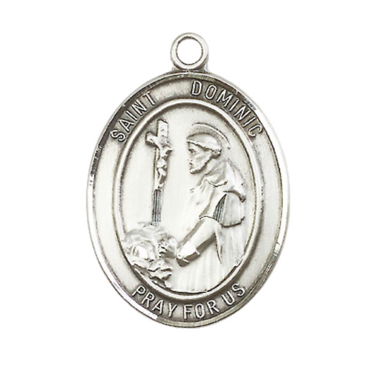 Mens .925 Sterling Silver Saint St. Dominic de Guzman Medal Pendant on 24 Inch Rhodium Plated Heavy Curb Brass Chain with Lobster Claw clasp, Catholic Religious Necklace - Made in USA- Velvet Gift Box