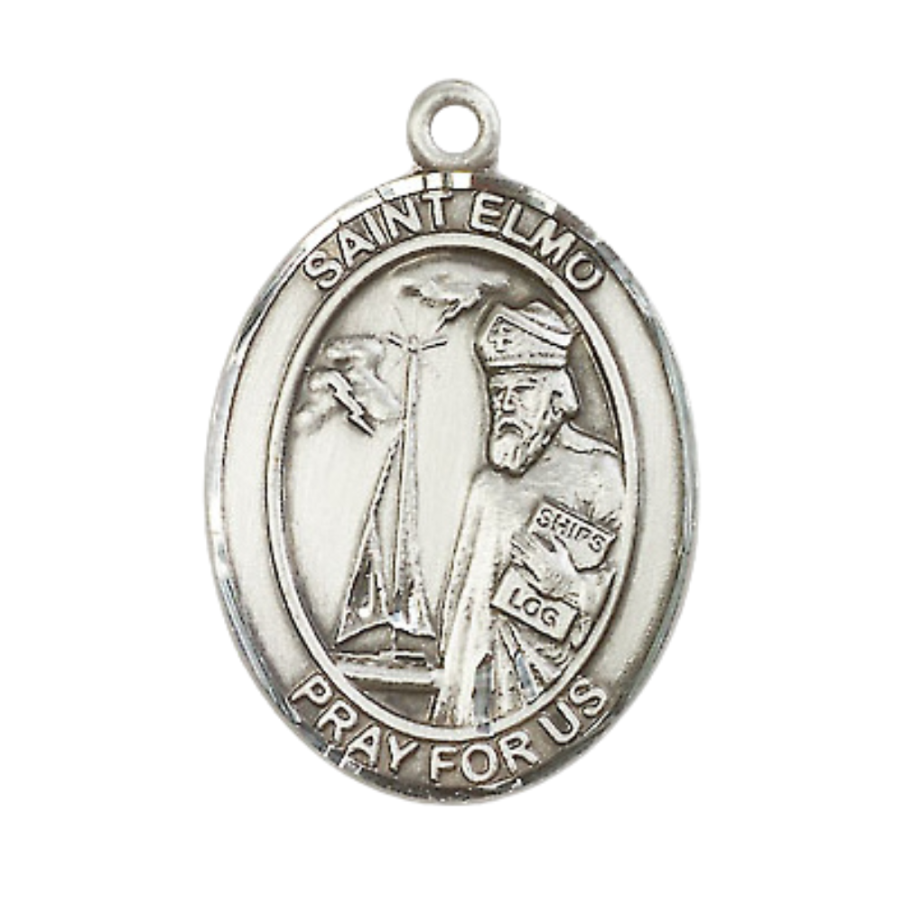 Everlasting Light Jewelry Women's Pewter Saint St. Elmo Medal Pendant Necklace with 18 Inch Rhodium Plated Lite Curb Brass Chain– Patron Saint St. of Childbirth & Stomach Diseases, Catholic Medal – Velvet Gift Box Included
