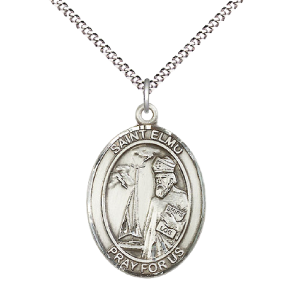 Everlasting Light Jewelry Women's Pewter Saint St. Elmo Medal Pendant Necklace with 18 Inch Rhodium Plated Lite Curb Brass Chain– Patron Saint St. of Childbirth & Stomach Diseases, Catholic Medal – Velvet Gift Box Included