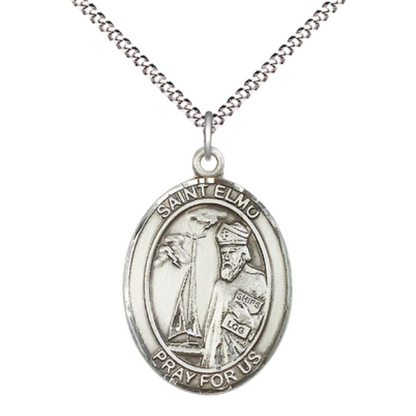 Everlasting Light Jewelry Women's Pewter Saint St. Elmo Medal Pendant Necklace with 18 Inch Rhodium Plated Lite Curb Brass Chain– Patron Saint St. of Childbirth & Stomach Diseases, Catholic Medal – Velvet Gift Box Included