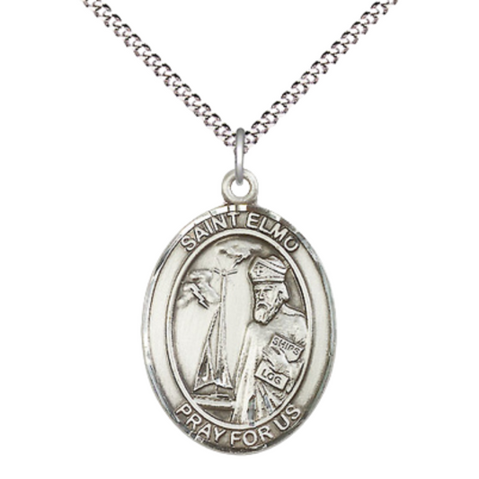 Everlasting Light Jewelry Women's Pewter Saint St. Elmo Medal Pendant Necklace with 18 Inch Rhodium Plated Lite Curb Brass Chain– Patron Saint St. of Childbirth & Stomach Diseases, Catholic Medal – Velvet Gift Box Included