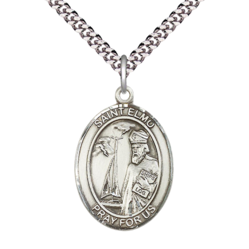 Saint Elmo Men's Sterling Silver Medal Necklace– Patron Saint of Stomach Diseases – 24” Light Rhodium Plated Heavy Curb Chain – Velvet Gift Box