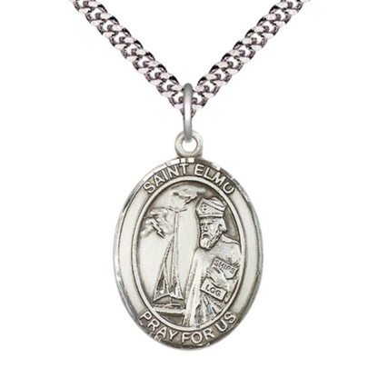 Saint Elmo Men's Sterling Silver Medal Necklace– Patron Saint of Stomach Diseases – 24” Light Rhodium Plated Heavy Curb Chain – Velvet Gift Box