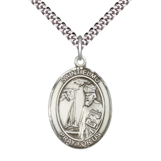 Saint Elmo Men's Sterling Silver Medal Necklace– Patron Saint of Stomach Diseases – 24” Light Rhodium Plated Heavy Curb Chain – Velvet Gift Box